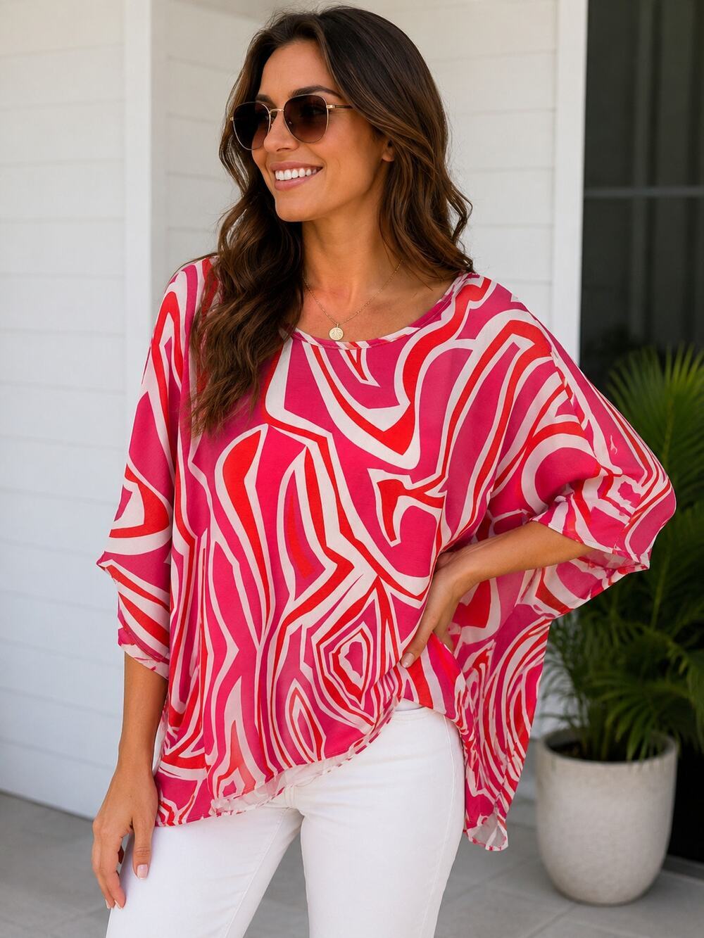 First Love by Lovelyn Pink Abstract Print Batwing Blouse Tunic Size Medium